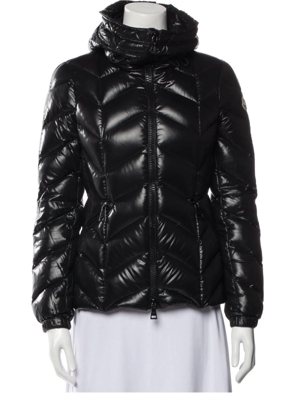 Moncler Women's Black Shiny Chevron Quilted Puffer Jacket with Hood